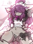 3:4 absurd_res ace_spades_(solxtyrant) anthro blush blush_lines bow_ribbon canid canine clothing colored crotch_tuft digital_drawing_(artwork) digital_media_(artwork) ear_tuft featureless_crotch femboy flower fox fur grey_body grey_fur hair hair_over_eye hi_res hybrid kneeling maid_uniform male mammal nyaswitchnya plant pupils purple_eyes purple_hair shaded signature simple_background sketch solo tail thigh_bow tuft uniform white_pupils