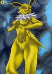 absurd_res anthro black_eyes breast_grab breast_play breasts cave eeveelution electricity female fur gauox generation_1_pokemon genitals hand_on_breast hi_res jolteon looking_at_viewer medium_breasts nintendo nipples one_eye_closed pink_nipples pinup pokemon pokemon_(species) pose pussy solo white_body white_fur wink yellow_body