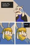 anthro asgore_dreemurr beard blonde_hair boss_monster_(undertale) bovid caprine clothed clothing comic duo facial_hair female gesture hair hi_res horn male mammal meme potoobrigham shrug text third-party_edit toriel undertale undertale_(series)