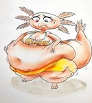 2017 absurd_res amphibian anthro axolotl belly big_belly breasts charly_(mpff) female hand_on_belly heterochromia hi_res marine mole_salamander mostly_nude overweight overweight_anthro overweight_female salamander simple_background solo thick_thighs traditional_media_(artwork) white_background yer-keij-fer-cash