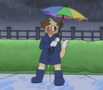 anthro blush bodily_fluids clothing coat colored fence genital_fluids hedge humanoid male male_peeing peeing plant puddle raincoat raining ritz_(ritzcat) ritzcat shrub solo topwear umbrella urine