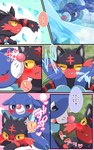 5:8 absurd_res ambiguous_gender black_body black_eyes blue_body blush comic dialogue duo feral generation_7_pokemon heart_symbol hi_res japanese_text litten nintendo pokemon pokemon_(species) popplio prrrrrrmine quadruped red_body smug speech_bubble text translation_request yellow_sclera