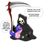 1:1 absurd_res ambiguous_gender baby_talk blue_body blue_fur blue_hair bone clothing death_(personification) dialogue english_text female feral fluffy_pony fluffy_pony_(species) fur group hair hi_res humanoid inshi mammal melee_weapon pink_body pink_fur polearm robe scythe simple_background skeleton text weapon white_background yellow_body yellow_fur young young_ambiguous young_feral