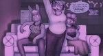 2023 allison_goleta anthro bovid bovine canid canine cattle claire_higsby clothing comic dialogue english_text female female/female fox furniture group happy hi_res inside lagomorph leporid mammal melody_amaranth polyamory rabbit robindaydream shirt sofa speech_bubble standing stretching super_lesbian_animal_rpg t-shirt text topwear trans_(lore) trans_woman_(lore) trio