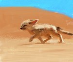 2015 ambiguous_gender big_ears black_eyes black_nose brown_body brown_fur canid canine day desert digitigrade ears_back fennec_fox feral fox fur half-closed_eyes hindpaw lofi long_mouth mammal narrowed_eyes no_sclera outside paws pivoted_ears sand shadow side_view sky snout solo true_fox walking whiskers white_body white_fur young young_feral