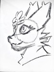 2024 3:4 anthro black_and_white chest_tuft cqill eyelashes facial_tuft felid feline female flower flowercat fur hair headshot_portrait hi_res koffeecake mammal monochrome pastel_(artwork) plant portrait simple_background sketch smile solo traditional_media_(artwork) tuft