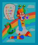 ambiguous_gender antennae_(anatomy) anthro blue_background blush canid canine canis clean_diaper clothed clothing cloud dialogue diaper domestic_dog embarrassed english_text eyewear footwear fur gesture glasses hair hi_res hybrid kip_(kippinz) kippinz kneeling mammal multicolored_hair nonbinary_(lore) pawpads paws rainbow rainbow_hair round_glasses simple_background socks solo speech_bubble spikes spikes_(anatomy) surprise surprised_expression sweater text topwear waving wearing_diaper white_body white_fur