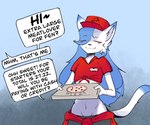 6:5 absurd_res anthro blue_hair clothing container crop_top delivery_(commerce) dialogue ds0ivi0 duo felid feline femboy food_delivery hair hi_res male mammal pizza_box pizza_delivery shirt speech_bubble stiria topwear white_body