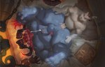 anthro balls bear bed blue_body bodily_fluids butt butt_grab clenched_teeth cum cum_on_face cum_while_penetrated duo erection foreskin from_front_position furniture genital_fluids genitals hand_on_butt hi_res high-angle_view league_of_legends legs_up lying male male/male mamaduo mammal musclegut muscular nude on_back on_bed one_eye_closed ornn_(lol) partially_retracted_foreskin penetration penis pillow pubes red_eyes red_pubes retracted_foreskin riot_games scar size_difference small_dom_big_sub small_top_big_bottom spread_legs spreading sweat teeth tencent white_body