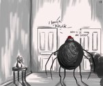 ambiguous_gender anthro arachnid arthropod black_body black_fur clothing detailed_background door english_text fur hat headgear headwear hi_res mr._spider solo sound_effects spider text the_magnus_archives twistyblitzy