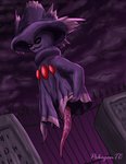 2020 absurd_res anthro cemetery clothing digital_media_(artwork) erection gem generation_4_pokemon genitals ghost hat headgear headwear hi_res looking_at_viewer male mismagius nintendo not_furry penis pokegontc pokemon pokemon_(species) presenting presenting_penis purple_body purple_clothing purple_sky red_eyes sky smile solo spirit tapering_penis tombstone