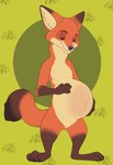 3_toes 4_fingers anthro belly big_belly canid canine disney eyes_closed featureless_crotch feet fingers fox green_background hand_on_own_belly hi_res looking_down male mammal nick_wilde pregnant pregnant_anthro pregnant_male pregoo red_fox simple_background solo standing tail toes true_fox zootopia