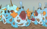 2024 blitzdrachin blue_body blue_skin bodily_fluids conditional_dnp fin fish generation_3_pokemon hi_res humor marine marshtomp mud mudkip multiple_characters nintendo open_mouth orange_body orange_skin pokemon pokemon_(species) saliva tagme