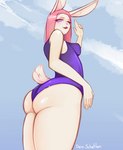 anthro big_breasts big_butt blush breasts butt clothing dein-schatten female heart_eyes heart_symbol hi_res lagomorph leporid looking_down low-angle_view mammal rabbit scut_tail short_tail solo swimwear tail