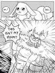 2019 2_panel_comic 3:4 ambiguous_gender black_and_white black_text cloud comic day dialogue digital_media_(artwork) eevee ellipsis english_text exclamation_point feral flavia-elric fluffy fluffy_tail fur generation_1_pokemon getting_up grass lux_(yapc) lying monochrome neck_tuft nintendo on_front on_ground open_mouth outside plant pokemon pokemon_(species) pokemon_mystery_dungeon quadruped questioning_ellipsis sea sky solo speech_bubble spike_chunsoft standing tail talking_to_self text tuft water yelling