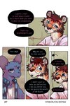 bastriw blue_eyes clothing comic dialogue domestic_cat eye_scar eyewear facial_scar felid feline felis glasses hi_res male mammal martin_(bastriw) outside pantherine pato_(bastriw) purple_eyes scar text tiger