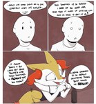 2018 alcohol anthro arm_tuft beverage bodily_fluids border braixen cheek_tuft chest_tuft clothed clothing comic dialogue digital_media_(artwork) dipstick_tail duo english_text facial_tuft female fidgeting fur generation_6_pokemon hi_res human index_to_index inner_ear_fluff male mammal markings multicolored_tail nintendo open_mouth open_smile orange_nose pokemon pokemon_(species) sharp_teeth shoulder_tuft shoutingisfun smile speech_bubble sweat tail tail_markings teeth text tuft white_body white_border white_fur yellow_tail