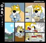 blue_boxer_briefs blue_clothing blue_underwear boxer_briefs canid canine canis clothing comic container domestic_dog dressing ellipsis fur gab_(comic) gab_shiba gabshiba lunch male mammal necktie packed_lunch shiba_inu shirt spitz text tired topwear underwear url white_body white_fur work yellow_body yellow_fur