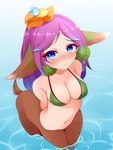 2022 ayatori bikini bikini_top blue_eyes blush blush_lines breasts clothing deer deer_taur digital_media_(artwork) ears_down female furry_ears green_bikini_top hair hands_behind_back hi_res human_torso humanoid_taur league_of_legends lillia_(lol) looking_at_viewer mammal mammal_taur mouth_closed navel partially_submerged pivoted_ears purple_hair quad riot_games ripples small_tail solo standing_in_water swimwear tail taur tencent two-piece_swimsuit water