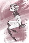 abstract_background anthro braided_hair deer ear_piercing ears_back femboy grey_body grey_eyes hair hi_res long_hair male mammal piercing pivoted_ears scut_tail short_tail side_view sitting smogville solo tail white_body white_hair