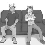 1:1 anthro backwards_baseball_cap backwards_hat baseball_cap bottomwear canid canine clothed clothing duo footwear fully_clothed furniture fuze fuzeyeen greyscale hat headgear headwear hi_res hyena luis_(fuze) male mammal monochrome on_sofa pants shirt shoes sitting sitting_on_sofa sofa spotted_hyena t-shirt topwear