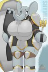 absurd_res anthro armor belly big_belly big_breasts big_ears big_feet big_hands black_clothing black_suit blue_eyes blush blush_lines bodily_fluids body_blush boob_armor breast_armor breasts butt clothed clothing digital_media_(artwork) elephant elephant_toe_hands elephant_toes elephantid feet female gold_(metal) grey_armor grey_body hairless hi_res huge_breasts larger_female looking_away mace mammal melee_weapon mouthless nails nervous nervous_sweat overweight overweight_anthro overweight_female pawronik proboscidean proboscis_(anatomy) shield shy shymee_(pawronik) simple_background size_difference slightly_chubby slightly_chubby_female solo suit sweat sweaty_face tall text thick_arms thick_thighs trunk trunk_(anatomy) tusks weapon wide_hips