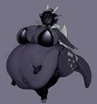 anthro belly belly_folds big_belly big_breasts big_butt bikini bikini_top black_clothing black_hair black_leggings black_legwear breasts butt claws clothing collar disembodied_hand dragon duo ear_frill female frill_(anatomy) grey_background grey_body grey_scales groping_belly hair holding_belly horn huge_belly huge_breasts huge_butt humanoid_pointy_ears hyper hyper_belly kinkopia leggings legwear looking_at_viewer looking_pleasured monotone_background mostly_nude mythological_creature mythological_scalie mythology navel obese obese_anthro obese_female open_mouth overflowing_breasts overweight overweight_anthro overweight_female pointy_ears scales scalie shaded simple_background solo_focus swimwear tail thick_tail thick_thighs two-piece_swimsuit wings wobbling