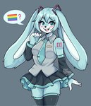 2024 accessory alternate_species anthro armwear artkett1412 blue_body blue_eyes blue_fur blue_hair blush bottomwear breasts clothing digital_media_(artwork) female floppy_ears fur fur_markings furrification hair hair_accessory hatsune_miku lagomorph legwear leporid lgbt_pride looking_at_viewer mammal markings open_mouth open_smile pride_colors rabbit rainbow_flag rainbow_pride_flag rainbow_symbol skirt sleeveless_shirt small_breasts smile solo speech_bubble standing thigh_highs tongue vocaloid white_body white_fur