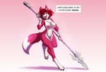 2020 abs anthro black_nose blush breasts canid canine chest_tuft countershading dialogue digital_media_(artwork) dipstick_tail english_text female fox fur hair holding_melee_weapon holding_object holding_polearm holding_spear holding_weapon mammal markings melee_weapon multicolored_tail muscular muscular_anthro muscular_female navel nipples nude on_one_leg pawpads pink_body pink_fur polearm red_eyes red_hair regys_(carp) simple_background smile solo spear standing tail tail_markings text tuft watsup weapon white_body white_countershading