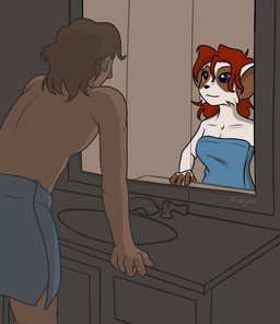 Rating: s
ID: 1792380
Date: 2019-02-14 16:09:23 -0500
Status: active
Score: 11
2016 altered_reflection anthro bathroom blue_eyes breasts brown_hair digital_media_(artwork) female hair halcy0n haley_baxter herpestid human looking_at_reflection male mammal meerkat mirror red_hair reflection smile solo towel post #1792380