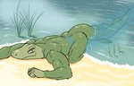 2022 60percentscalie anthro beach big_muscles butt crawling evolution fish grass humor lobe-finned_fish looking_at_viewer male marine muscular muscular_anthro muscular_male narrowed_eyes nude nude_beach outdoor_nudity outside partially_submerged plant prehistoric_species sand seaside skinny_dipping smile solo tiktaalik water