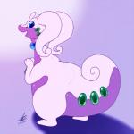 1:1 2016 ambiguous_gender antennae_(anatomy) blue_eyes english_text feral generation_6_pokemon goodra hi_res looking_at_viewer nintendo nude open_mouth pokemon pokemon_(species) purple_body purple_skin shikaro signature smile solo tail text tongue