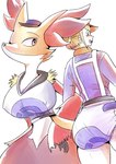 ageplay alternate_breast_size alternate_costume anthro apron big_breasts blonde_hair breasts clothed clothing delphox diaper digital_media_(artwork) digital_painting_(artwork) duo entwined_arms female generation_6_pokemon hair holowear_(pokemon) human infantilism larger_female male male/female mammal nintendo pantsless pokemon pokemon_(species) pokemon_unite purple_unite_style_delphox roleplay size_difference tapirclip volo_(pokemon) wearing_diaper