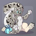 1:1 animate_inanimate blue_eyes felid feline goo_transformation grey_body hi_res inflatable latex living_inflatable living_latex mammal pantherine pool_toy simple_background smile snow_leopard solo symrea toony transformation