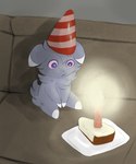 ambiguous_gender cake candle clothing dessert espurr felid feline feral food generation_6_pokemon hat headgear headwear hi_res mammal meme nintendo party_hat plantedpot pokemon pokemon_(species) sad_birthday_cat sitting solo stare staring_at_light