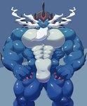 abs anthro armor barazoku beard biceps blue_body claws facial_hair front_view generation_8_pokemon hair headgear helmet hi_res hisuian_form hisuian_samurott looking_at_viewer male mammal muscular muscular_anthro muscular_male mustache nintendo pecs pokemon pokemon_(species) pokemon_legends_arceus red_claws red_eyes regional_form_(pokemon) sharkinn smile solo teeth white_beard white_facial_hair white_hair white_mustache