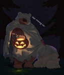 0ottotto0 2024 absurd_res anthro bear bedsheet_ghost clothing costume detailed_background duo ghost_costume halloween halloween_costume hand_on_head hi_res holidays implied_oral jack-o'-lantern kemono kneeling light lighting male male/male mammal night obscured_oral obscured_penetration obscured_sex outside outside_sex overweight overweight_male plant sex smile tree