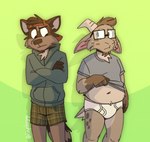 anthro backwards_cap baseball_cap belly bovid boxers_(clothing) briefs brown_body brown_fur brown_hair brown_nose caprine clothed clothing clothing_lift crossed_arms detailed_background duo eyewear facial_hair fur gary_(tinydeerguy) glasses goat goatee green_background green_boxers green_clothing green_hoodie green_topwear green_underwear grey_clothing grey_shirt grey_t-shirt grey_topwear grey_waistband hair hat headgear headwear hi_res hoodie horn looking_at_another looking_at_another's_crotch male male/male mammal navel overweight overweight_male pantsless pantsless_anthro pantsless_male plaid_boxers procyonid raccoon red_baseball_cap red_clothing red_hat red_headwear sam_(tinydeerguy) shirt shirt_lift signature simple_background slightly_chubby t-shirt tighty_whities tinydeerguy topwear underwear white_briefs white_clothing white_underwear