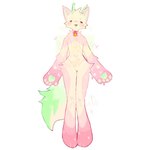 1:1 2023 ambiguous_gender anthro bell bell_collar black_eyes blush blush_lines bunonthemoon collar domestic_cat felid feline felis fluffy fluffy_tail fur green_tail male_(lore) mammal nude_anthro nude_male pink_body pink_fur slim_anthro slim_male solo tail yellow_body yellow_fur