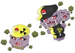 2_heads anthro armless belt big_breasts biohazard_symbol breasts clothed clothing duo female generation_1_pokemon hat hazard_symbol headgear headwear koffing legless multi_head nintendo pokeball pokemon pokemon_(species) purple_body radiation_symbol red_eyes simple_background smoke symbol teeth uniform urusee584 weezing white_background