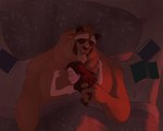 absurd_res anthro beast_(disney) beauty_and_the_beast bed belle_(beauty_and_the_beast) book brown_body brown_fur brown_hair disney duo fangs female fur furniture hair hi_res horn human larger_male long_hair lying male mammal on_back rain1940 romantic romantic_couple size_difference teeth tender under_covers