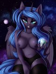 absurd_res anthro breasts clothed clothing digital_media_(artwork) earth equid equine eyeshadow female friendship_is_magic hasbro hi_res holding_planet horse lightly-san looking_at_viewer macro makeup mammal my_little_pony nightmare_moon_(mlp) nipples partially_clothed planet pony shaded smile solo space terra_macro