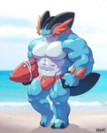 anthro beach blue_body bulge clothed clothing generation_6_pokemon hi_res lifeguard looking_at_viewer male mega_evolution mega_swampert muscular muscular_anthro muscular_male nintendo pecs pokemon pokemon_(species) red_clothing red_swimwear seaside solo swimwear voviat