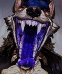 absurd_res ambiguous_gender ambiguous_pov ambiguous_prey anthro anthro_pred blue_mouth bodily_fluids canid canine canis claws demon demonic demonic_eyes digital_media_(artwork) dire_wolf disembodied_hand dripping fangs first_person_view fur glistening grey_body grey_fur hi_res horn imminent_vore male mammal mostly_offscreen_character mouth_shot myth_(mythdawuff) open_mouth pov_hands prehistoric_species pupils red_eyes saliva saliva_on_tongue saliva_string slit_pupils teeth throat tongue tongue_out uvula wolf