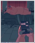 2020 4:5 anthro basil_(mikrogoat) bed belly cellphone comic domestic_pig electronics furniture hi_res inside lying male mammal mikrogoat overweight overweight_anthro overweight_male phone pubes smartphone solo suid suina sus_(pig) text url