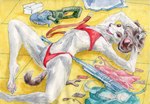 anthro clothing female happy lingerie lying lying_on_ground mammal mustelid musteline on_back on_ground small_waist solo tail thin_tail tools true_musteline weapon weasel zina