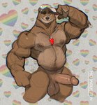 anthro balls bear big_balls big_muscles big_penis brown_eyes clothing erection genitals glans hand_on_head hat hat_only headgear headgear_only headwear headwear_only heart_symbol hi_res humanoid_genitalia jewelry kodiak_(kodiak079) lgbt_pride lgbt_pride_month looking_pleasured male mammal michwolfestein mischievous_smile mostly_nude musclegut muscular pendant penis pose pride_colors pride_heart rainbow rainbow_heart rainbow_pride_colors rainbow_symbol simple_background six-stripe_rainbow_pride_colors solo white_background