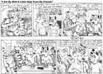 2003 abs aiden_harris anthro arm_around_shoulders beverage canid canine canis closet_coon clothed clothing comic coyote dialogue ear_piercing english_text felid food group leafdog male male/male mammal monochrome muscular muscular_male pantherine piercing procyonid raccoon rodney_waters tea text thought_bubble tiger toby_romsawai topless