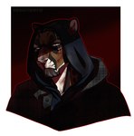 anthro artist_name beard black_beard black_facial_hair black_hood brown_body brown_fur clothed clothing demireality eye_scar facial_hair facial_scar felid fur grey_eyes looking_at_viewer male mammal mouth_closed narrowed_eyes scar simple_background solo white_body white_fur