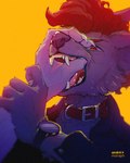 2024 4:5 absurd_res andre_moraph andre_moraph_(artist) angry anthro biped canid canine canis collar duo fangs fur hair hand_in_mouth hi_res looking_at_another looking_at_partner male mammal open_mouth purple_body purple_fur red_collar red_eyes red_hair slim_anthro slim_male solo_focus teeth watches wolf